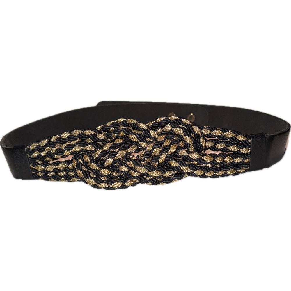 Vintage Braided Rope Knot Belt Black Gold Metallic 26-30" Small Medium